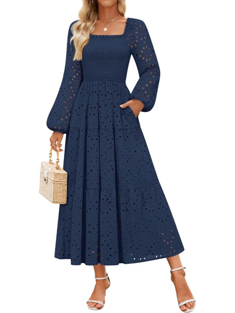 🆕Women's Navy Long Sleeve Square Neck LINE Mid Waist Pockets Maxi Dress